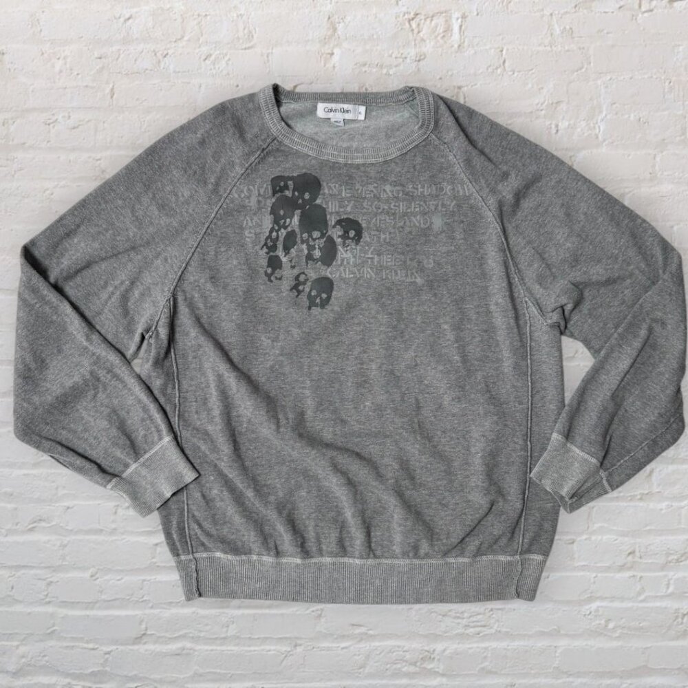 CALVIN KLEIN Skull Quote Evening Shadow With Thee I Go 100% Cotton Gray Sweater